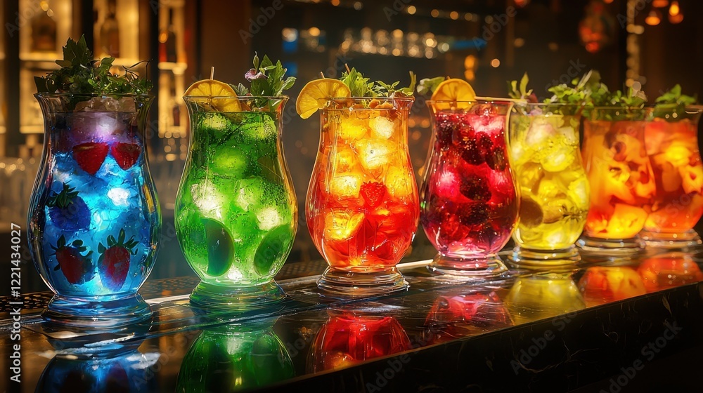 Poster a row of colorful drinks with ice cubes in them
