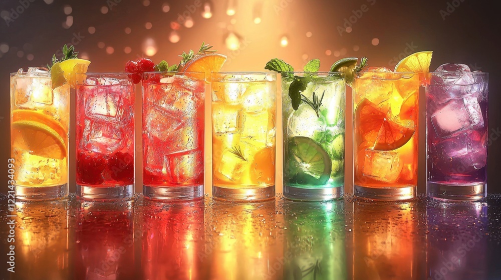 Aufkleber a row of colorful drinks with ice cubes in them