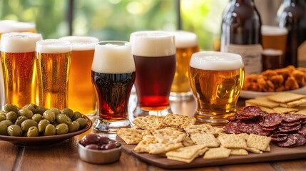 Close-up of a beer glass with foam and snacks beside it on a dining table
