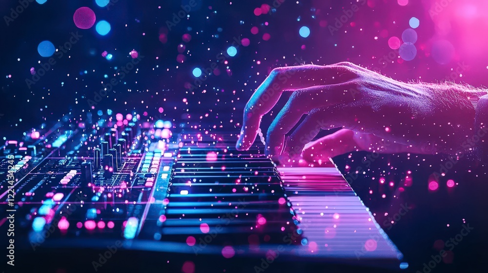 Poster close-up of a hand playing a vibrant synthesizer with colorful bokeh lights, creating an engaging at