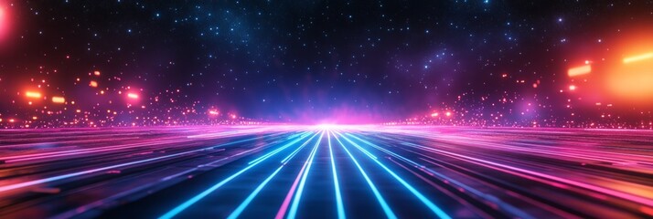 Fototapeta premium Light trails forming a futuristic highway through digital metaverse space with glowing particles