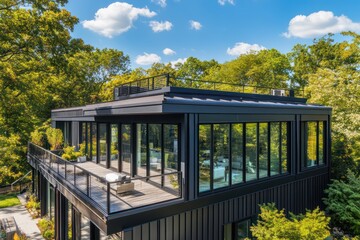 Fototapeta premium A single-story home with black steel cladding, expansive windows, and an open rooftop patio