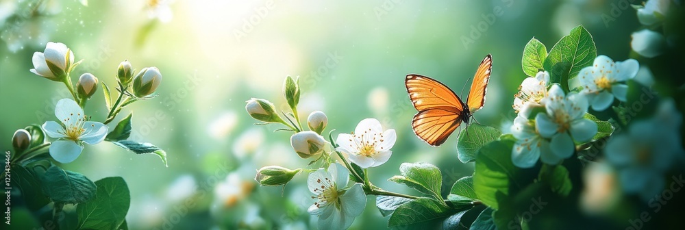Poster scenic view of monarch butterfly pollinating blooming flowers on a pear tree branch in a spring orch