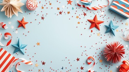 Colorful holiday decorations with stars, gifts, and confetti on a blue background, ideal for celebrating festive occasions and joyful moments.