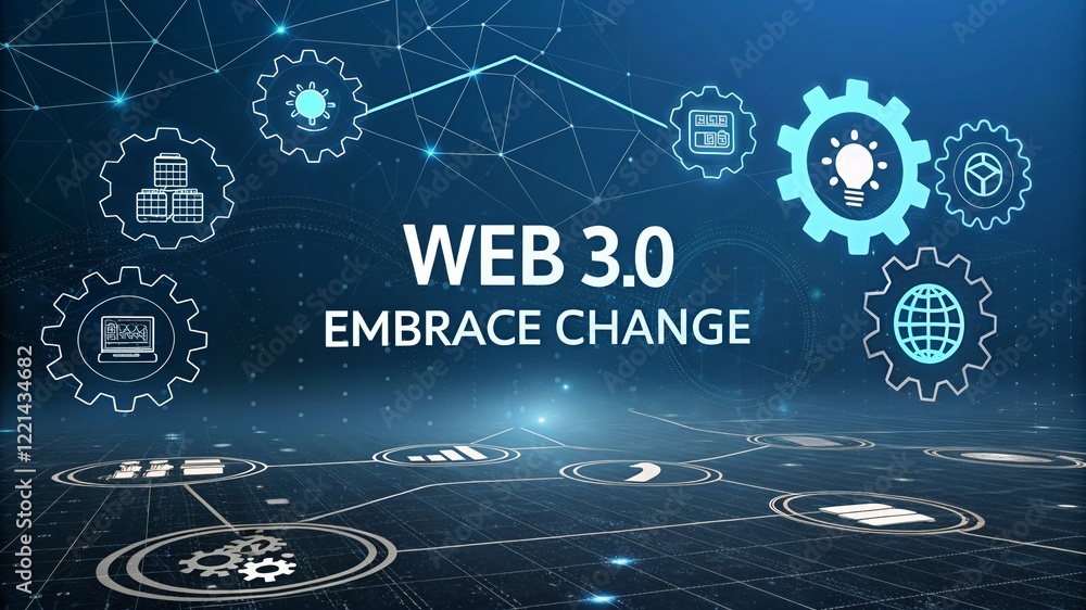 Aufkleber web 3.0 embrace change technology innovation - concept of web 3.0 with gears and symbols representin