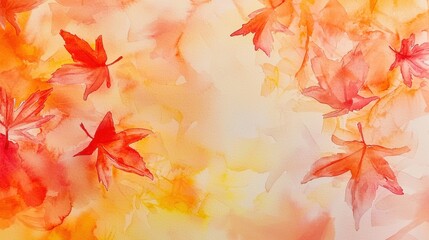 A painting of autumn leaves with a yellow background