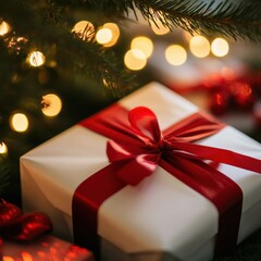 Festive christmas gift with red ribbon under twinkling tree lights