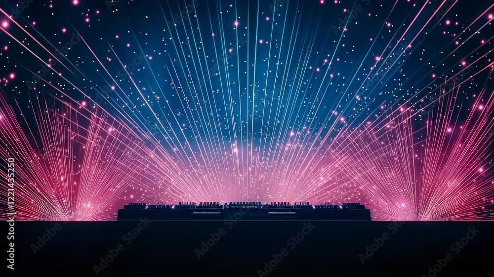 Poster stunning digital art featuring vibrant light rays and particles emanating from a keyboard, capturing