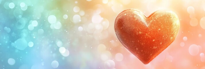 Fototapeta premium Orange glittering heart floating on a blurred pastel colored background with bokeh effect, perfect for valentine's day or romantic projects