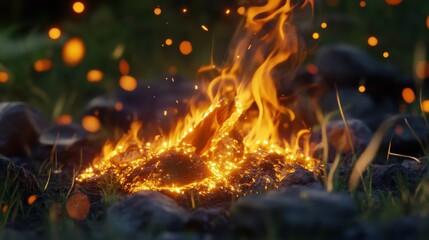 Vibrant campfire flames amidst nature with glowing sparks