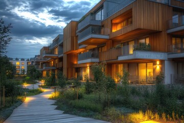 Obraz premium A sleek apartment block with wooden balconies, glowing path lights, and serene landscaped spaces