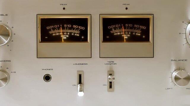 Vintage hi-fi stereo amplifier with power output meters and aluminum knobs