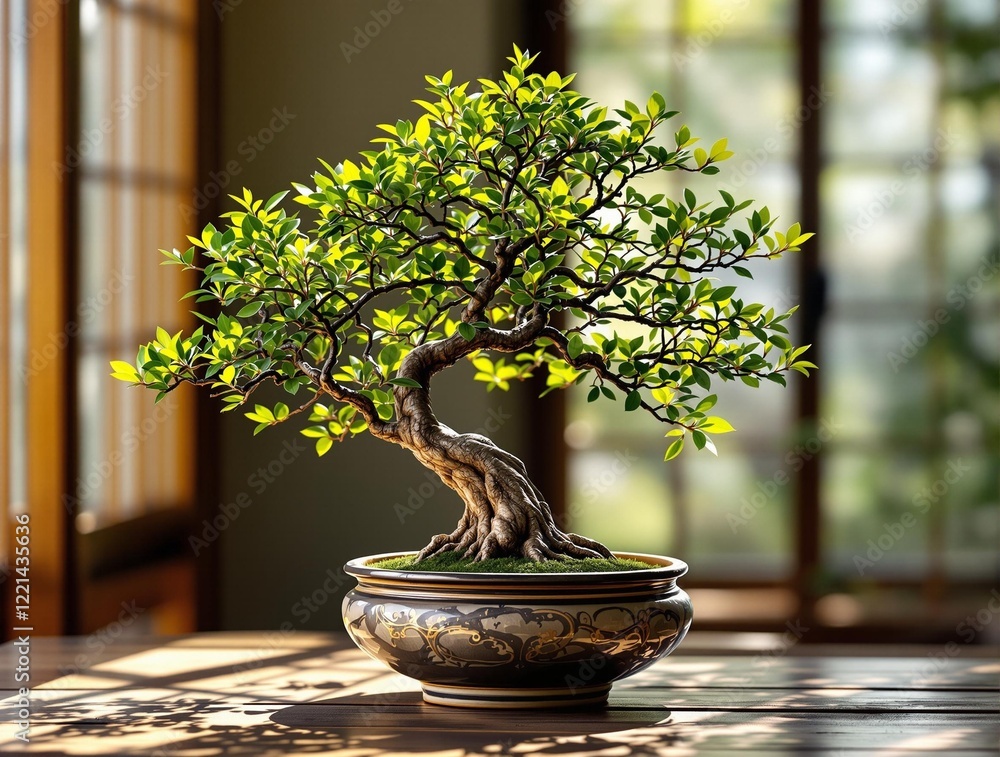 Poster a bonsai tree with lush green leaves and a gnarled, root-like trunk, potted in a decorative ceramic 
