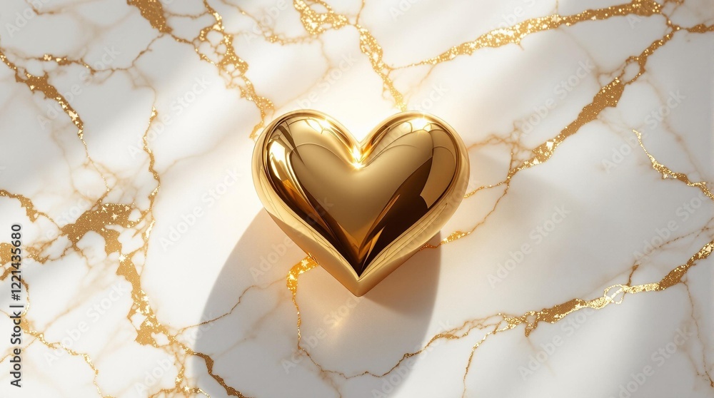 Poster a shiny, golden heart-shaped object placed on a surface with a marbled, gold and white pattern.