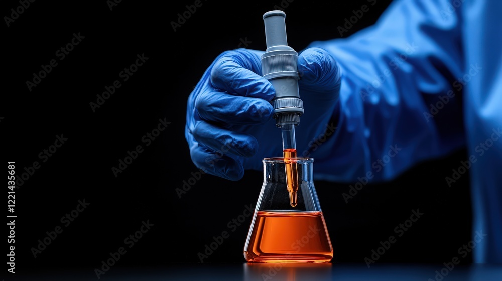 Poster precise dropper: a gloved hand carefully uses a dropper to add a single drop of orange liquid to a f