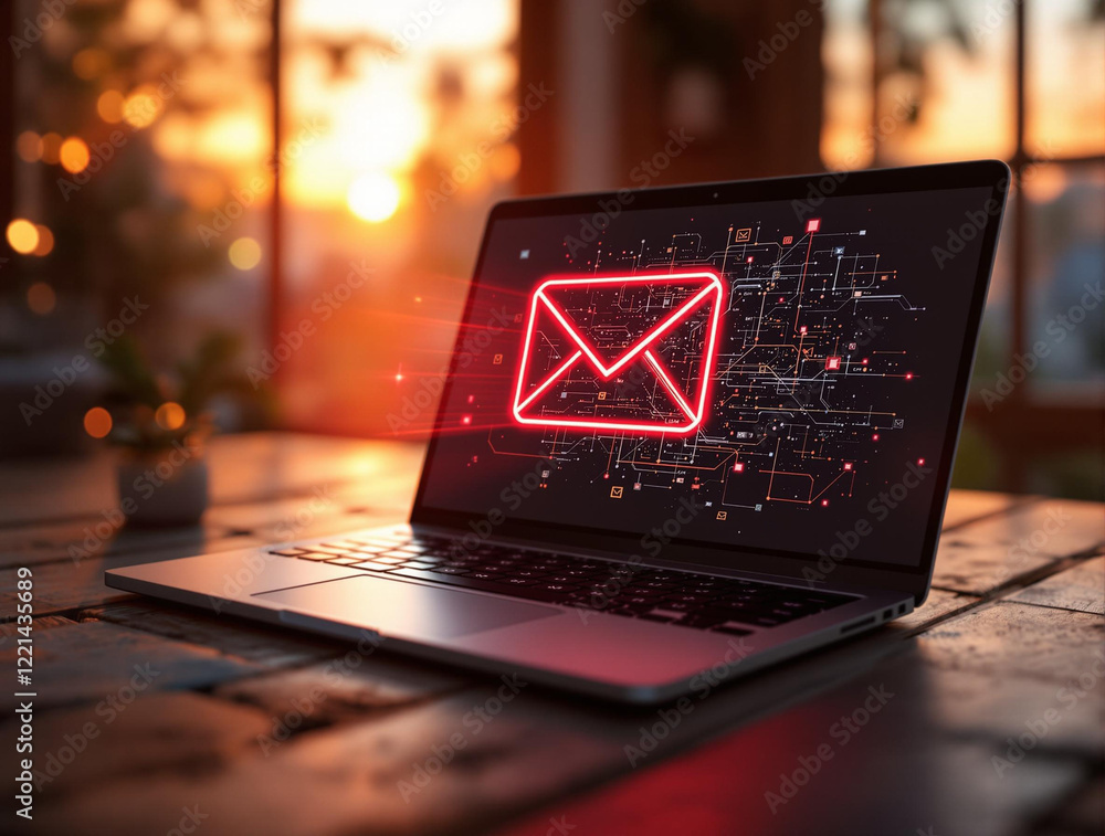 Poster a laptop screen displaying a red envelope icon, which typically represents email. The screen is set against the backdrop of a sunset, giving the scene a warm, glowing ambiance.