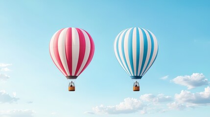 Fototapeta premium Two vibrant hot air balloons soar through a clear blue sky, creating a stunning visual contrast against the soft clouds. A perfect adventure awaits!