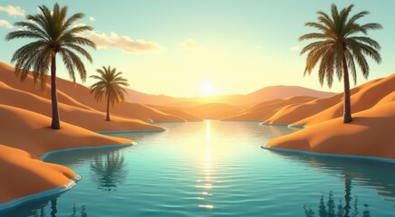 A of a desert landscape with palm trees and a river