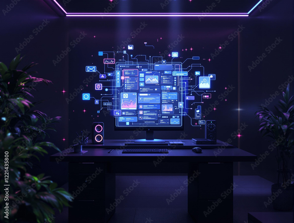 Aufkleber a futuristic workspace with a large screen displaying various digital interfaces and data. The environment is illuminated with a neon blue glow, and there are plants in the background, adding a touch 