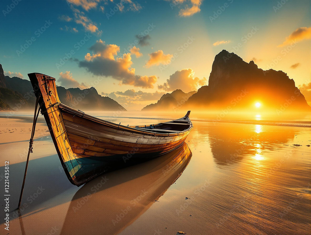 Poster a boat on a beach at sunset, with the sun setting behind some mountains in the background. the sky i