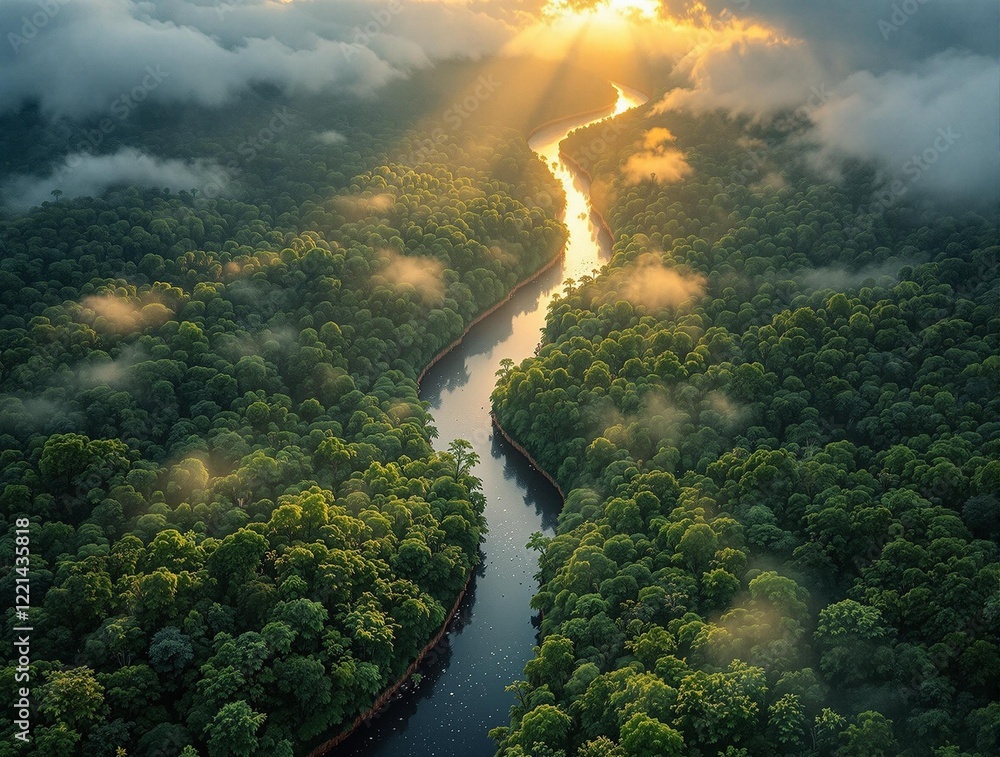 Leinwandbilder an aerial view of a river flowing through a dense, lush forest. the sunlight is shining through the 