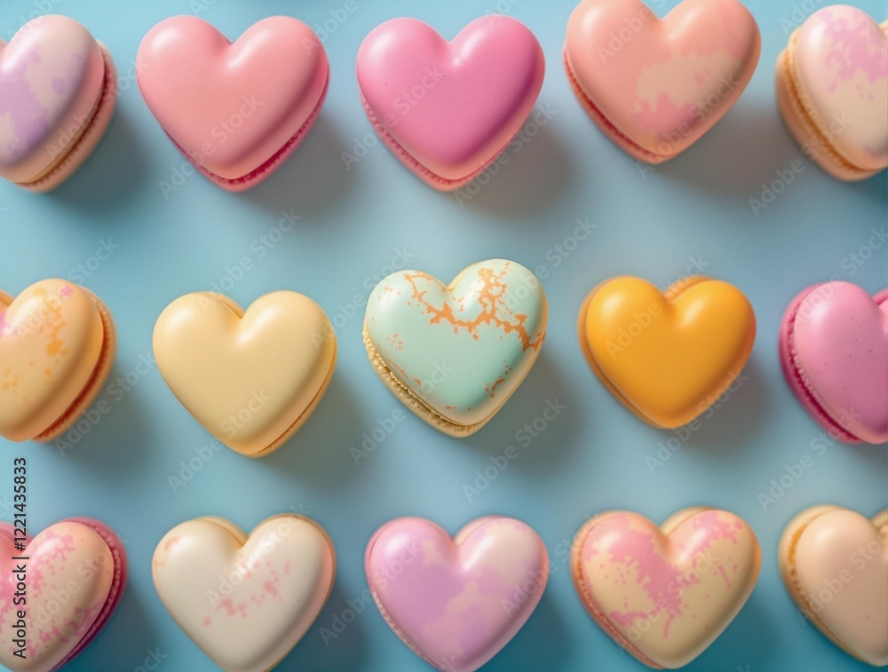 Aufkleber a pattern of heart-shaped macarons in various pastel colors arranged in rows on a blue background. The macarons include shades of pink, yellow, and light blue.