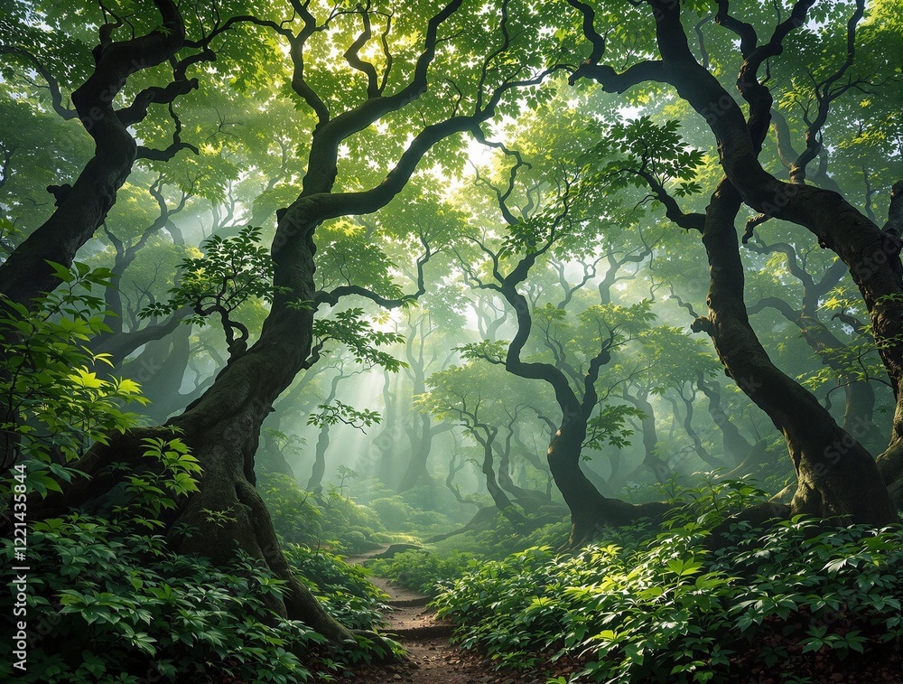 Aufkleber a lush forest with tall trees, green foliage, and a winding path cutting through it. the atmosphere 