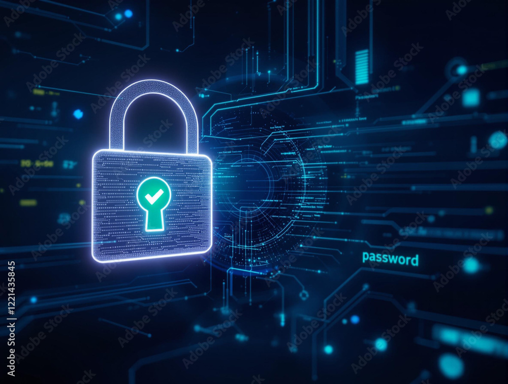 Poster a digital representation of a padlock with a glowing keyhole, symbolizing security and encryption in the digital world. The background features abstract digital elements and the word \