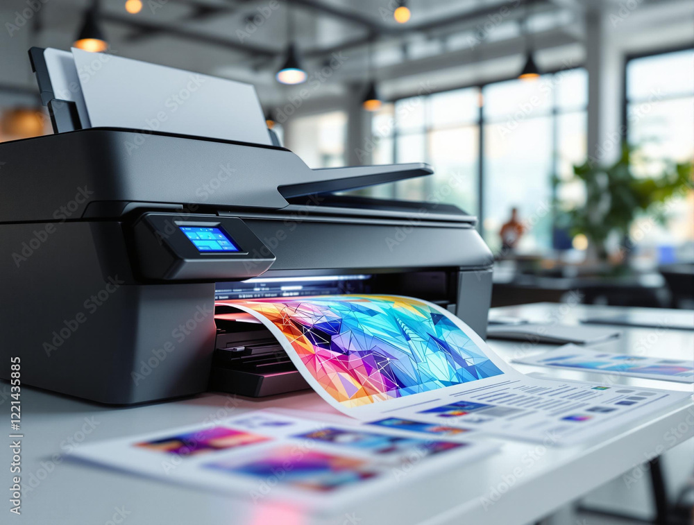 Poster a printer on a desk, printing a colorful document. The printer is placed on a table with some papers scattered around, and there is a window in the background.