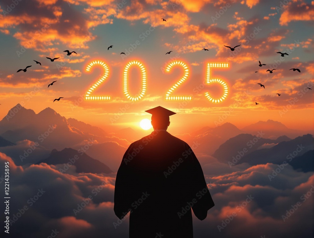 Poster a silhouette of a graduate in a cap and gown stands against a backdrop of a sunset sky with the numb