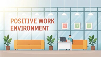 Bright and Welcoming Positive Work Environment - A cheerful workspace with plants, comfortable seating, and a focused individual at a desk, symbolizing productivity, creativity, collaboration