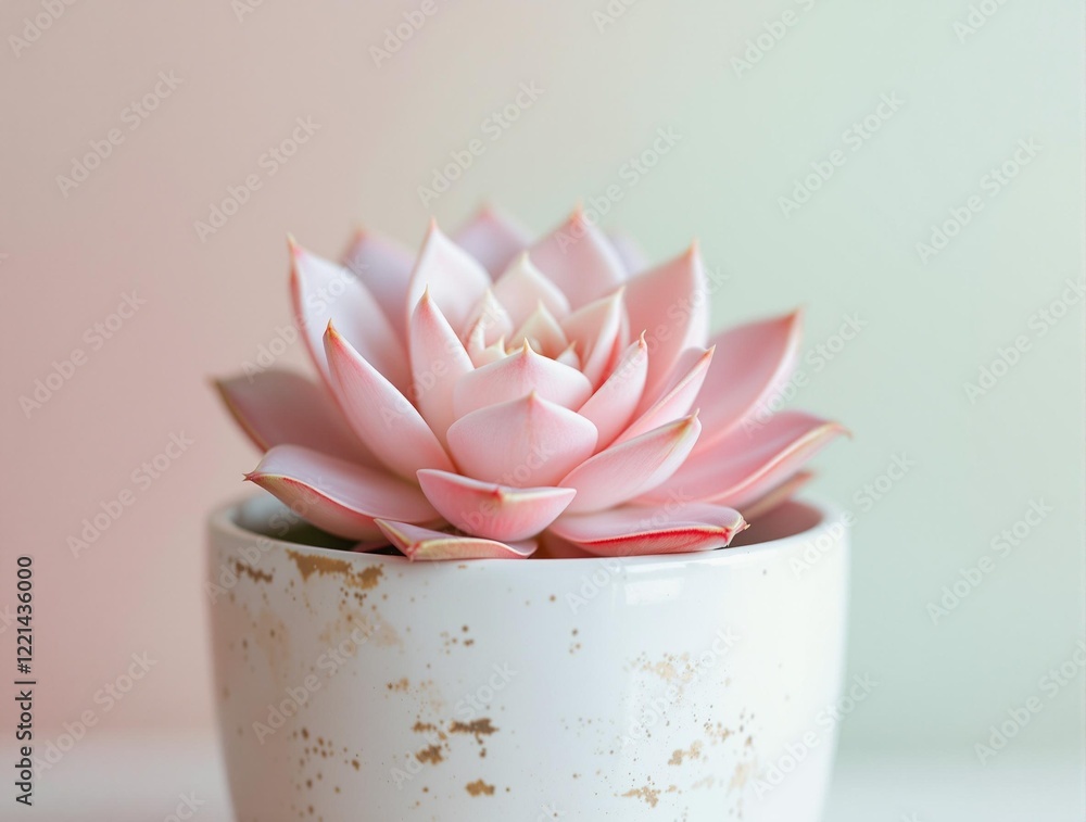Poster a pink succulent plant in a white ceramic pot with visible wear and tear. the background is light pi