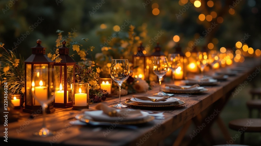 Poster an elegantly set outdoor dining table adorned with candle lanterns and surrounded by a warm, bokeh-l