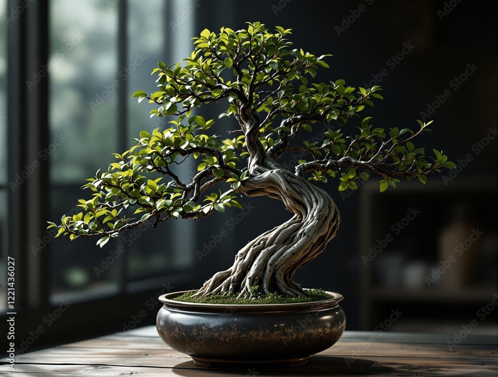 Poster an indoor bonsai tree with a dense green foliage and a twisted trunk, placed in a black ceramic pot 