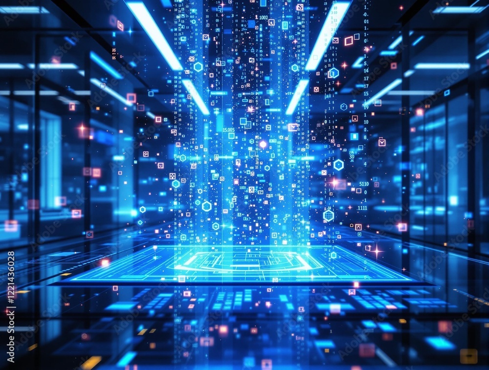 Poster a futuristic, digital environment with a blue color scheme, featuring data and binary code representations.