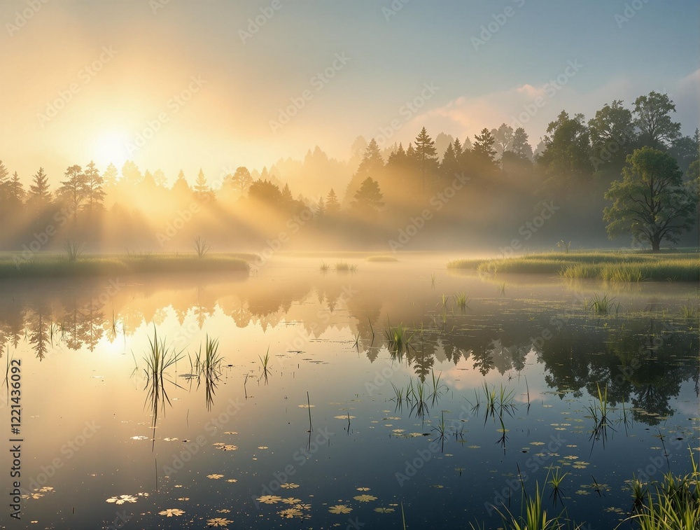 Aufkleber a serene lake at sunrise, with the sun casting golden rays through the mist, creating a misty and pe