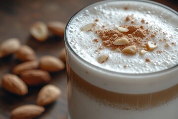 A smooth almond vanilla latte with a frothy layer of milk and a dusting of almond powder.