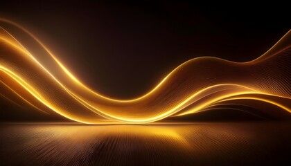 Neon Wave abstract background, Isolated on a dark background, Gold Neon wave with glow, Technology, network, internet concept, Empty Table