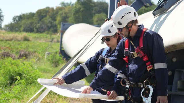 VDO 4K, Engineers in safety gear conduct a detailed inspection of wind turbine blades at a construction site. Large blades are placed on the ground, highlighting the renewable energy technology.