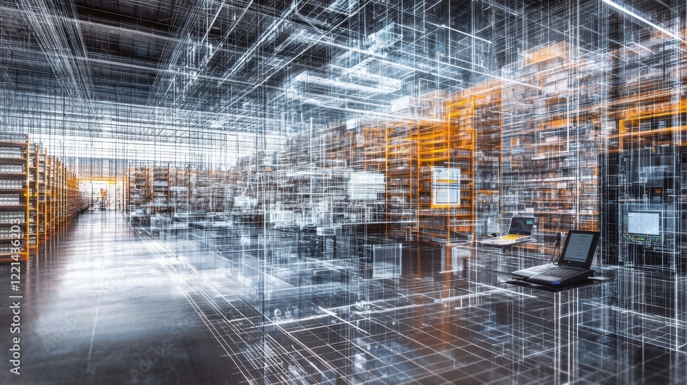 Poster a computer generated image of a warehouse with a laptop on a desk