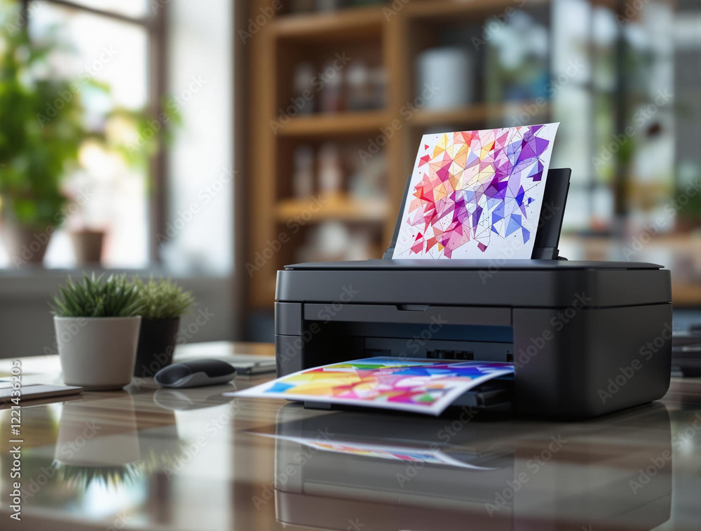 Poster A printer is on a desk with a colorful picture coming out of it. There is a bookshelf in the background with books and plants.