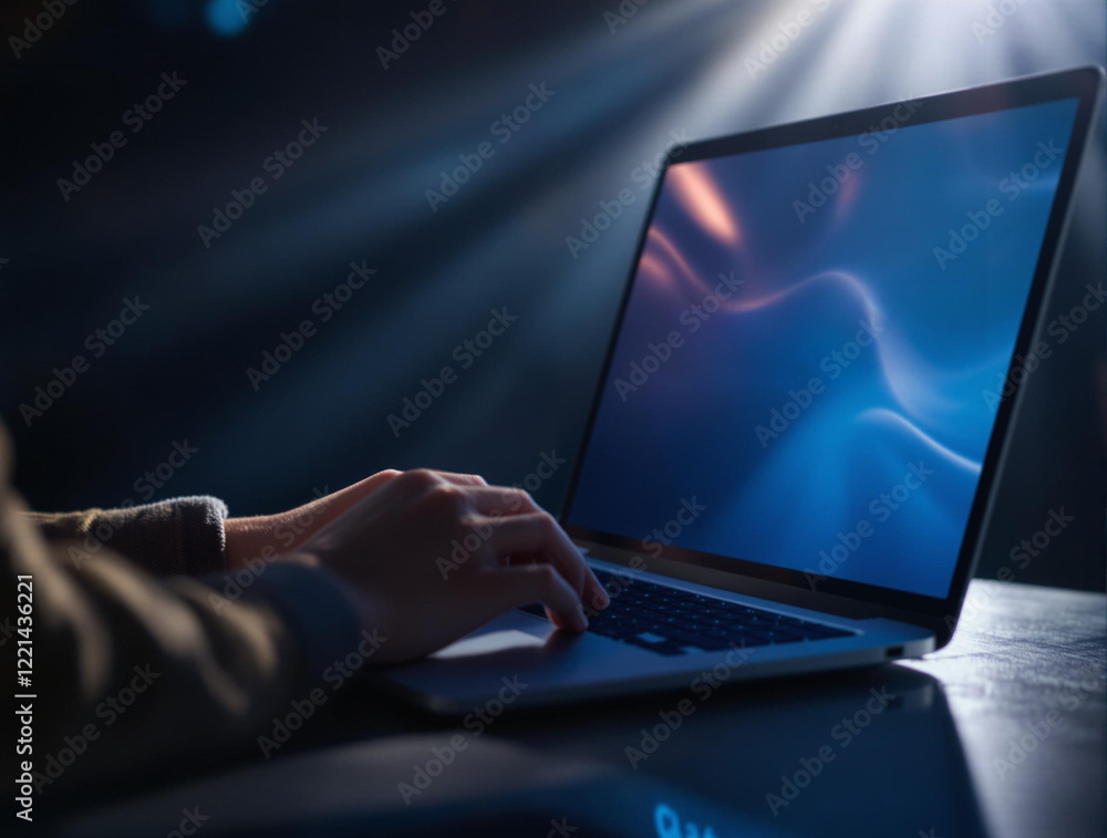Poster a person is typing on a laptop with a blue and white abstract background. the laptop is on a dark su