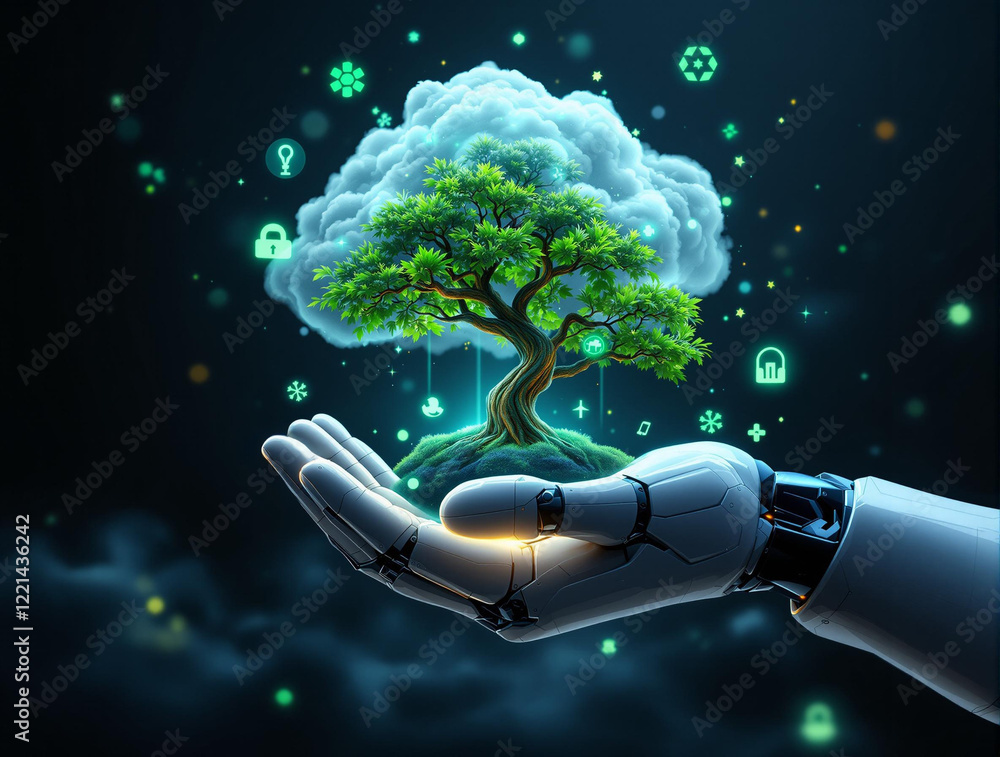 Poster a robotic hand holding a digital tree with glowing leaves and symbols floating around it, set agains