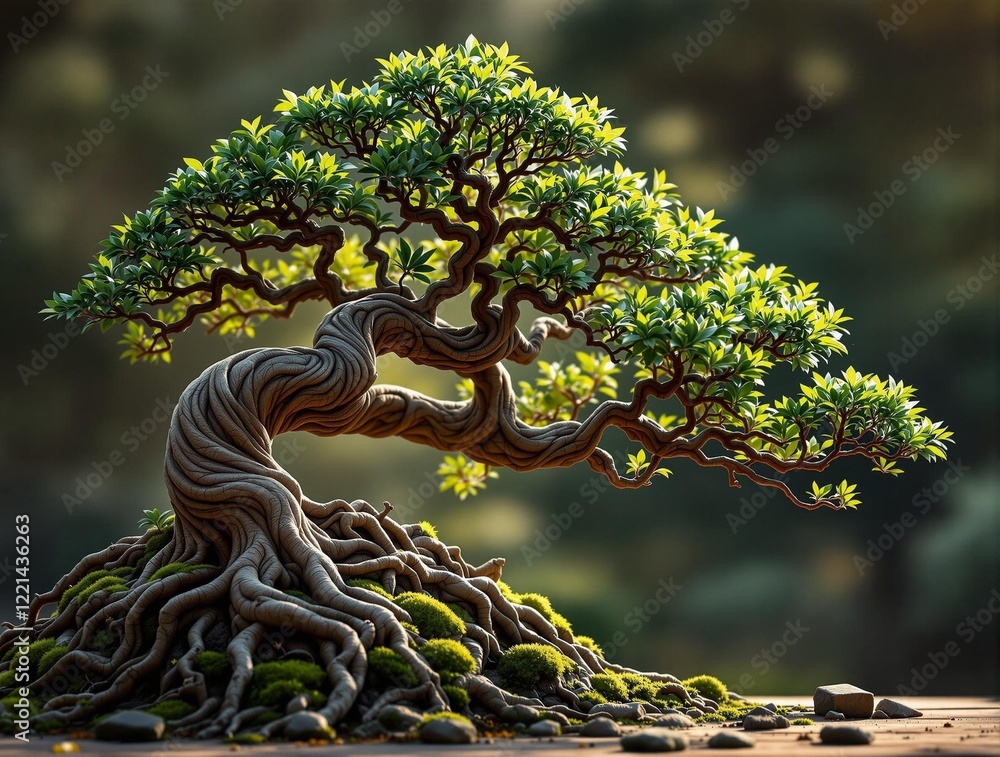 Poster a digital painting of a bonsai tree with lush green foliage and gnarled, twisted roots. the tree app
