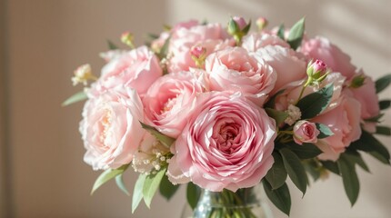 a beautiful bouquet of pink roses arranged in a vase. The flowers are surrounded by green leaves, creating a vibrant and elegant display.