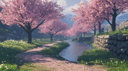 Serene Cherry Blossom Grove With a Gently Flowing Stream Surrounded by Vibrant Pink Trees in a Tranquil Landscape