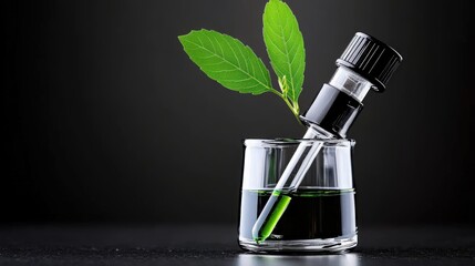 Green Innovation: A sprig of green leaves sprouts from a beaker filled with liquid, symbolizing the convergence of nature and science in a pursuit of sustainable solutions.