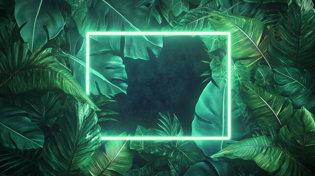 Green Leaves Create a Vibrant Background With a Glowing Neon Frame Ready for Custom Text at a Tropical-Themed Event or Digital Design Project
