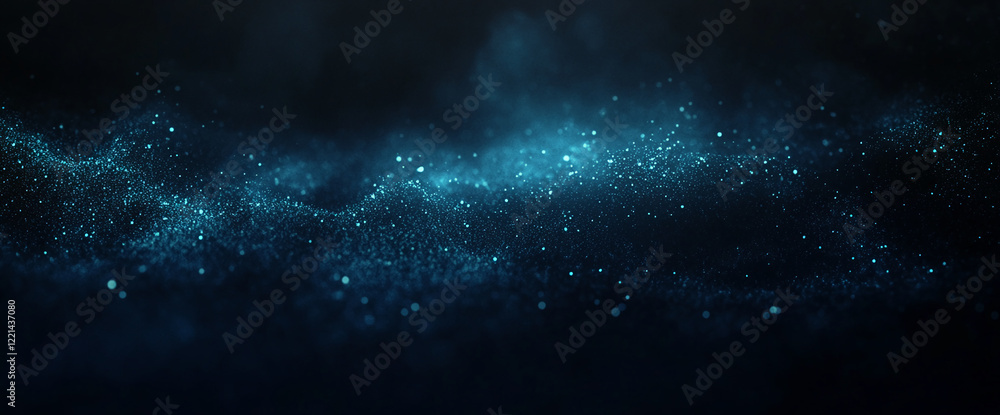 Poster Abstract glowing blue dust particles with bokeh effect in dark space