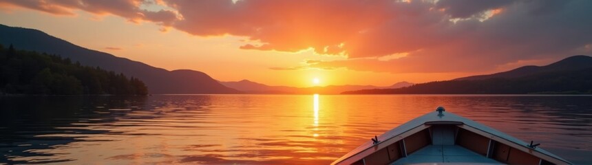 Obraz premium Arafed boat on a lake with mountains in the background